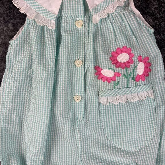 Vtg Copper Key Gingham Seersucker Peter Pan Collar Romper Girls 3T Floral - Picture 2 of 9